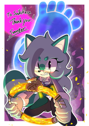Size: 800x1131 | Tagged: safe, artist:secretter_zgwl, oc, raccoon, border, clenched teeth, commission, english text, female, glasses, green fur, grey fur, holding something, looking at viewer, oc only, signature, solo, white border