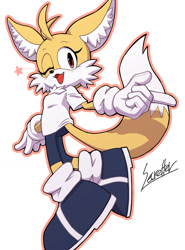 Size: 1000x1349 | Tagged: safe, artist:secretter_zgwl, oc, commission, female, looking at viewer, mouth open, oc only, signature, simple background, smile, solo, star (symbol), white background, wink, yellow fur
