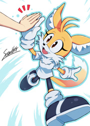 Size: 1000x1391 | Tagged: safe, artist:secretter_zgwl, oc, commission, female, high five, mouth open, oc only, signature, simple background, smile, white background, yellow fur
