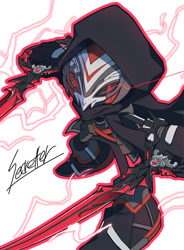Size: 1000x1361 | Tagged: safe, artist:secretter_zgwl, oc, commission, electricity, holding something, hood, hood up, male, mask, mouth open, oc only, red outline, signature, simple background, smile, standing, sword, weapon, white background