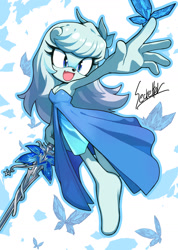 Size: 1000x1403 | Tagged: safe, artist:secretter_zgwl, oc, blue eyes, blue fur, blue outline, butterfly, cleavage, commission, dress, female, holding something, mouth open, oc only, signature, simple background, smile, solo, sword, weapon, white background