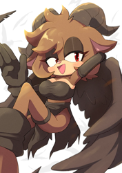 Size: 800x1131 | Tagged: safe, artist:secretter_zgwl, oc, oc:baph the goat, goat, alternate version, arm behind head, blushing, breasts, brown fur, commission, female, horns, lidded eyes, mouth open, oc only, red eyes, simple background, smile, solo, white background, wings
