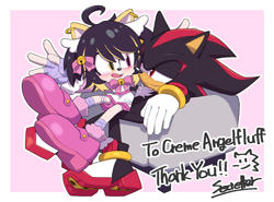 Size: 800x593 | Tagged: safe, artist:secretter_zgwl, shadow the hedgehog, oc, cat, hedgehog, blushing, border, canon x oc, commission, duo, english text, female, fingerless gloves, heterochromia, lidded eyes, looking at each other, looking at them, male, mouth open, pink background, shipping, simple background, sitting, sitting on lap, sitting on them, smile, straight, white border