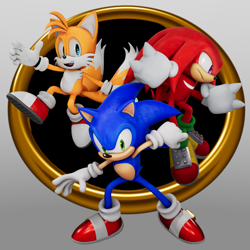 Size: 3000x3000 | Tagged: safe, artist:dokatzo, artist:gameguybenn, artist:rossyfilms, artist:tisjustcharlie, knuckles the echidna, miles "tails" prower, sonic the hedgehog, echidna, fox, hedgehog, 2026, 3d, frown, gradient background, looking at viewer, looking offscreen, male, mouth open, open smile, redraw, ring, smile, smiling at viewer, sonic jam, team sonic, treads, trio