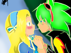Size: 700x525 | Tagged: safe, artist:melody-123, maria robotnik, scourge the hedgehog, human, 2015, blushing, crack shipping, duo, eyewear on head, female, human male, humanized, lidded eyes, looking at each other, male, maria x scourge, partially humanized, pocky (food), shipping, side view, signature, species swap, straight, sunglasses
