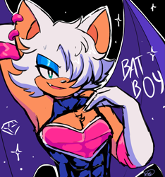 Size: 1669x1782 | Tagged: safe, artist:vickl13, rouge the bat, oc, oc:rogue the bat (nikkikaji), bat, 2025, abs, alternate hairstyle, chest fluff, ear piercing, earring, english text, gender swap, hair over one eye, lidded eyes, looking at viewer, male, mouth open, one fang, open smile, outline, signature, smile, smiling at viewer, solo, sparkles, text