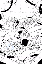 Size: 1238x1879 | Tagged: safe, artist:thomas_rsvd, kit the fennec, miles "tails" prower, sonic the hedgehog, surge the tenrec, fox, hedgehog, tenrec, clenched fists, female, fennec, fight, greyscale, grin, group, idw sonic the hedgehog, line art, looking at each other, looking at them, male, monochrome, official artwork, punching, smile