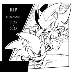 Size: 618x622 | Tagged: safe, artist:thomas_rsvd, shadow the hedgehog, sonic the hedgehog, hedgehog, 2025, clenched fists, duo, english text, greyscale, grin, idw sonic the hedgehog, line art, looking at viewer, male, monochrome, official artwork, simple background, smile, white background