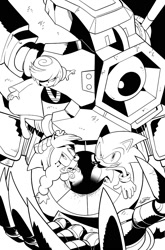 Size: 1317x2000 | Tagged: safe, artist:thomas_rsvd, belle the tinkerer, sage, sonic the hedgehog, hedgehog, sonic frontiers, clenched teeth, female, greyscale, group, idw sonic the hedgehog, line art, male, monochrome, mouth open, official artwork, robot