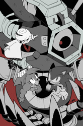 Size: 1317x2000 | Tagged: safe, artist:thomas_rsvd, belle the tinkerer, sage, sonic the hedgehog, hedgehog, sonic frontiers, alternate version, clenched teeth, female, group, idw sonic the hedgehog, male, monochrome, mouth open, official artwork, robot, spot color