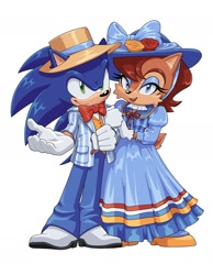 Size: 1550x1993 | Tagged: safe, artist:jadepesky, sally acorn, sonic the hedgehog, alternate outfit, bow tie, dress, duo, sally x sonic