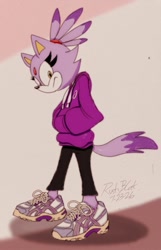 Size: 760x1178 | Tagged: safe, artist:rustybcat, blaze the cat, cat, alternate outfit, alternate shoes, artist signature, asics, female, hands in pocket, hoodie, pants, shoelaces, simple background, sneakers, solo, standing