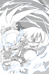 Size: 825x1253 | Tagged: safe, artist:thomas_rsvd, kit the fennec, surge the tenrec, tenrec, duo, electricity, female, fennec, greyscale, grin, idw sonic the hedgehog, looking at viewer, male, monochrome, official artwork, sharp teeth, sketch, smile
