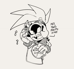 Size: 1605x1513 | Tagged: safe, artist:thomas_rsvd, surge the tenrec, tenrec, english text, female, grey background, greyscale, holding something, idw sonic the hedgehog, listening to music, monochrome, mouth open, musical notes, sharp teeth, simple background, smile, solo