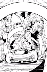 Size: 1238x1879 | Tagged: safe, artist:thomas_rsvd, hedgehog, car, dinosaur, driving, duo, greyscale, grin, idw sonic the hedgehog, line art, literal animal, looking at them, male, monochrome, mouth open, official artwork, smile, sonic racing crossworlds