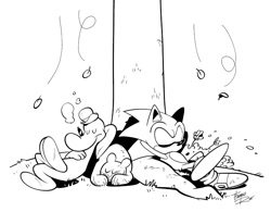 Size: 1091x853 | Tagged: safe, artist:thomas_rsvd, sonic the hedgehog, hedgehog, 2025, bone (series), crossover, eyes closed, greyscale, hands behind head, leaf, male, monochrome, simple background, sitting, sleeping, tree, trio, white background