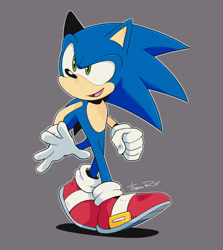 Size: 1023x1145 | Tagged: safe, artist:thomas_rsvd, sonic the hedgehog, hedgehog, grey background, male, mouth open, signature, simple background, smile, solo, standing, walking, white outline