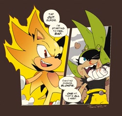 Size: 1227x1175 | Tagged: safe, artist:thomas_rsvd, sonic the hedgehog, super sonic, surge the tenrec, hedgehog, tenrec, 2025, blood, blood on face, comic, duo, english text, fangs, injured, mouth open, one eye closed, sharp teeth, signature, smile, speech bubble, super form