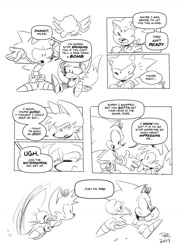Size: 900x1223 | Tagged: safe, artist:thomas_rsvd, miles "tails" prower, sonic the hedgehog, 2019, classic sonic, classic sonic (universe), classic tails, comic, duo, english text, frown, greyscale, looking at each other, looking at them, monochrome, mouth open, running, sad, simple background, sitting, smile, speech bubble, standing, white background