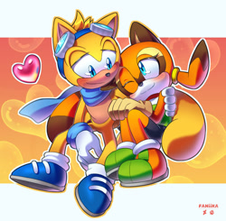Size: 2000x1960 | Tagged: safe, artist:faniika, marine the raccoon, ray the flying squirrel, flying squirrel, raccoon, squirrel, 2026, abstract background, arm around shoulders, artist name, blushing, duo, english text, female, heart, lidded eyes, looking at each other, male, marine x ray, one eye closed, outline, shipping, sitting, smile, smiling at each other, straight