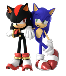 Size: 2574x2942 | Tagged: safe, artist:thesasfanimation, shadow the hedgehog, sonic the hedgehog, hedgehog, 2026, 3d, arms folded, blender (medium), duo, frown, gimp, leaning, leaning on them, lidded eyes, looking at each other, male, simple background, smile, standing, transparent background