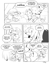 Size: 1569x2000 | Tagged: safe, artist:thomas_rsvd, knuckles the echidna, miles "tails" prower, sonic the hedgehog, 2019, classic knuckles, classic sonic, classic sonic (universe), classic tails, comic, english text, eyes closed, giving object, greyscale, holding something, looking at each other, looking at them, miles electric, monochrome, mouth open, smile, speech bubble, standing, team sonic, trio, walking, waving