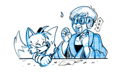 Size: 1317x781 | Tagged: safe, artist:thomas_rsvd, miles "tails" prower, fox, human, crossover, dragon ball, duo, eyes closed, female, holding something, male, monochrome, mouth open, screwdriver, simple background, sketch, smile, white background