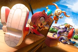 Size: 4000x2666 | Tagged: safe, artist:sammy tighe, amy rose, big the cat, cheese (chao), cream the rabbit, cat, hedgehog, rabbit, beach, chopper, daytime, deckchair, female, fishing, fishing pole, flying, group, holding something, male, open mouth, outdoor, shadow (lighting), sitting, team rose, treads, umbrella