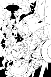 Size: 619x939 | Tagged: safe, artist:thomas_rsvd, amy rose, miles "tails" prower, sonic the hedgehog, fox, hedgehog, clenched teeth, female, greyscale, grin, holding something, idw sonic the hedgehog, line art, looking at each other, looking at them, male, monochrome, official artwork, piko piko hammer, sitting, smile, standing, trio