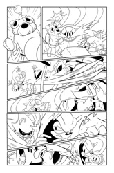 Size: 1317x2000 | Tagged: safe, artist:thomas_rsvd, bean the dynamite, metal sonic, mighty the armadillo, miles "tails" prower, ray the flying squirrel, robotnik, tails doll, armadillo, bird, flying squirrel, fox, human, bomb, classic robotnik, classic sonic (universe), classic tails, comic, greyscale, grin, hand on own head, holding something, idw sonic the hedgehog, line art, looking at them, male, metal knuckles, monochrome, official artwork, robot, scared, smile