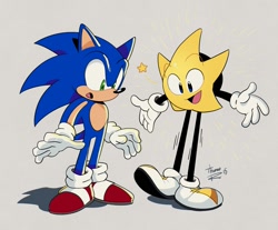Size: 1575x1306 | Tagged: safe, artist:thomas_rsvd, sonic the hedgehog, hedgehog, 2025, crossover, duo, grey background, looking at them, male, mouth open, ristar, simple background, smile, standing, star (symbol)