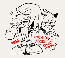 Size: 1519x1349 | Tagged: safe, artist:thomas_rsvd, knuckles the echidna, sonic the hedgehog, echidna, hedgehog, 2024, character name, duo, english text, eyes closed, grey background, greyscale, grin, idw sonic the hedgehog, lidded eyes, looking at viewer, male, monochrome, simple background, smile, standing, star (symbol)