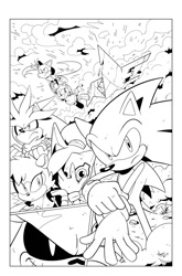 Size: 825x1252 | Tagged: safe, artist:thomas_rsvd, amy rose, miles "tails" prower, mimic the octopus, silver the hedgehog, sonic the hedgehog, tangle the lemur, whisper the wolf, fox, hedgehog, lemur, wolf, 2024, carrying them, clenched fists, female, flying, frown, greyscale, holding hands, idw sonic the hedgehog, line art, male, mask, monochrome, octopus, official artwork, standing
