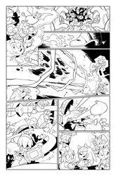 Size: 1031x1566 | Tagged: safe, artist:thomas_rsvd, amy rose, blaze the cat, egg pawn, miles "tails" prower, silver the hedgehog, sonic the hedgehog, fox, hedgehog, badnik, female, fight, flying, greyscale, group, heart, idw sonic the hedgehog, line art, looking at them, male, monochrome, official artwork, piko piko hammer, psychokinesis, robot, sketch, smile, standing