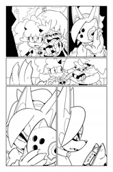 Size: 1031x1566 | Tagged: safe, artist:thomas_rsvd, lanolin the sheep, tangle the lemur, whisper the wolf, comic, crying, eyes closed, female, greyscale, holding something, idw sonic the hedgehog, line art, mask, monochrome, mouth open, official artwork, tears, trio