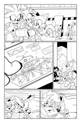 Size: 1031x1566 | Tagged: safe, artist:thomas_rsvd, amy rose, blaze the cat, miles "tails" prower, silver the hedgehog, sonic the hedgehog, cat, fox, hedgehog, clenched fists, comic, female, flying, greyscale, grin, idw sonic the hedgehog, lidded eyes, line art, looking at each other, looking at them, male, miles electric, monochrome, mouth open, official artwork, psychokinesis, running, smile