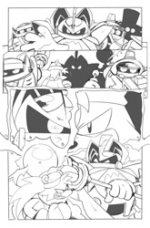 Size: 825x1252 | Tagged: safe, artist:thomas_rsvd, bark the polar bear, polar bear, classic sonic (universe), comic, fight, greyscale, group, hardboiled heavies, heavy gunner, heavy king, heavy magician, heavy shinobi, holding something, idw sonic the hedgehog, male, monochrome, official artwork, robot, sketch, staff