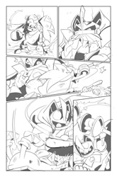 Size: 825x1252 | Tagged: safe, artist:thomas_rsvd, bark the polar bear, polar bear, classic sonic (universe), comic, duo, fight, greyscale, heavy king, holding something, idw sonic the hedgehog, male, monochrome, official artwork, robot, sketch, staff