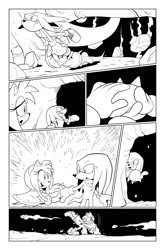 Size: 825x1252 | Tagged: safe, artist:thomas_rsvd, amy rose, knuckles the echidna, echidna, hedgehog, carrying them, comic, cute, duo, female, gliding, greyscale, holding hands, idw sonic the hedgehog, line art, looking at each other, looking at them, male, monochrome, mouth open, official artwork, smile, standing