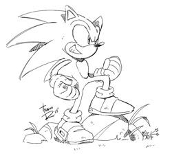 Size: 959x869 | Tagged: safe, artist:thomas_rsvd, sonic the hedgehog, hedgehog, 2024, clenched fists, grass, greyscale, grin, male, monochrome, rock, signature, simple background, sketch, smile, solo, standing, white background