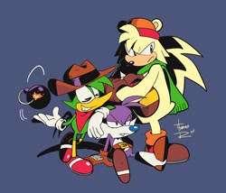 Size: 1944x1664 | Tagged: safe, artist:thomas_rsvd, bark the polar bear, bean the dynamite, nack the weasel, polar bear, 2024, arms folded, blue background, bomb, eyes closed, frown, grin, hat, leaning on them, lidded eyes, male, simple background, sitting, smile, standing, team hooligan, trio