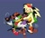 Size: 1944x1664 | Tagged: safe, artist:thomas_rsvd, bark the polar bear, bean the dynamite, nack the weasel, bird, polar bear, 2024, arms folded, blue background, bomb, eyes closed, frown, grin, hat, leaning on them, lidded eyes, male, simple background, sitting, smile, standing, team hooligan, trio