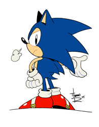 Size: 1561x2000 | Tagged: safe, artist:thomas_rsvd, sonic the hedgehog, hedgehog, 2024, classic sonic, classic sonic (universe), eyes closed, from behind, frown, lidded eyes, looking at viewer, male, simple background, solo, standing, white background