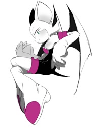 Size: 919x1218 | Tagged: safe, artist:sudousuto, rouge the bat, bat, 2025, chaos emerald, female, greyscale, holding something, lidded eyes, looking at viewer, monochrome, simple background, sitting, solo, spot color, white background