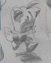 Size: 1662x2048 | Tagged: safe, artist:sudousuto, miles "tails" prower, fox, cute, greyscale, male, monochrome, pencilwork, sketch, solo, tailabetes, traditional media, walking