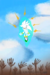 Size: 1377x2066 | Tagged: safe, artist:soramame447, silver the hedgehog, hedgehog, clouds, daytime, eyes closed, male, mid-air, mouth open, outdoors, psychokinesis, solo