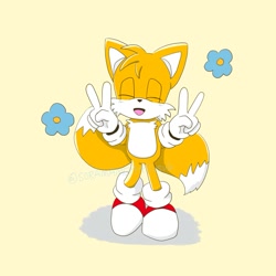 Size: 1377x1377 | Tagged: safe, artist:soramame447, miles "tails" prower, fox, blushing, double v sign, eyes closed, flower, male, mouth open, simple background, smile, solo, standing, v sign, yellow background