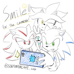Size: 1377x1377 | Tagged: safe, artist:soramame447, shadow the hedgehog, silver the hedgehog, sonic the hedgehog, hedgehog, character name, double v sign, english text, grin, holding something, lidded eyes, male, phone, selfie, simple background, smile, trio, v sign, white background, wink