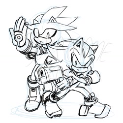 Size: 1181x1181 | Tagged: safe, artist:soramame447, shadow the hedgehog, silver the hedgehog, hedgehog, duo, greyscale, gun, holding something, male, monochrome, mouth open, simple background, standing, weapon, white background
