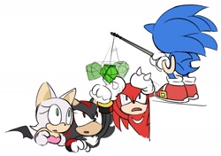 Size: 1962x1378 | Tagged: safe, artist:_b_l_e_e_m_, knuckles the echidna, rouge the bat, shadow the hedgehog, sonic the hedgehog, bat, echidna, hedgehog, arm up, arms up, chaos emerald, crouching, female, group, holding something, male, mouth open, simple background, white background